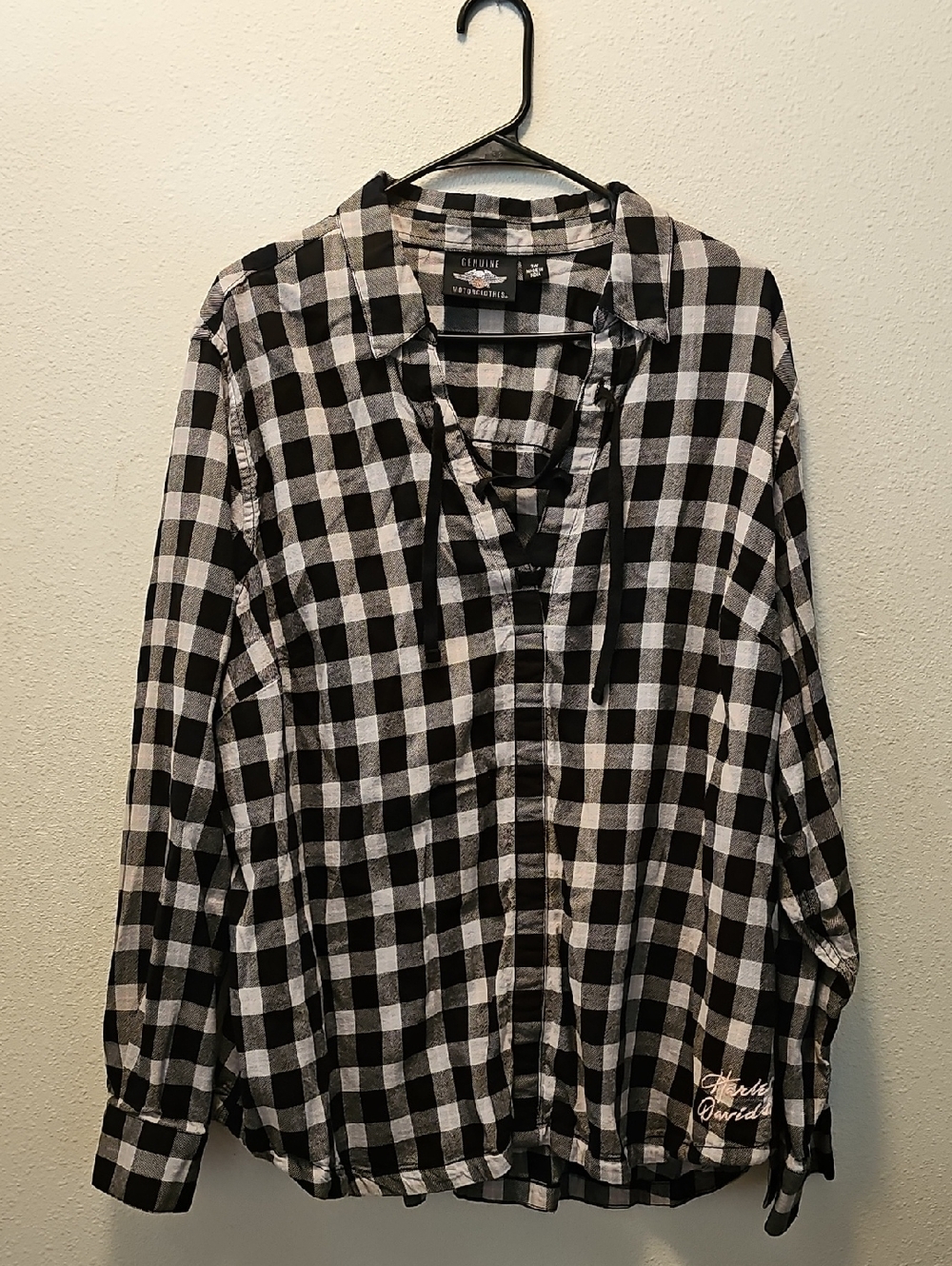 Harley-Davidson Black, White, and baby pink Plaid Lace Neck Shirt